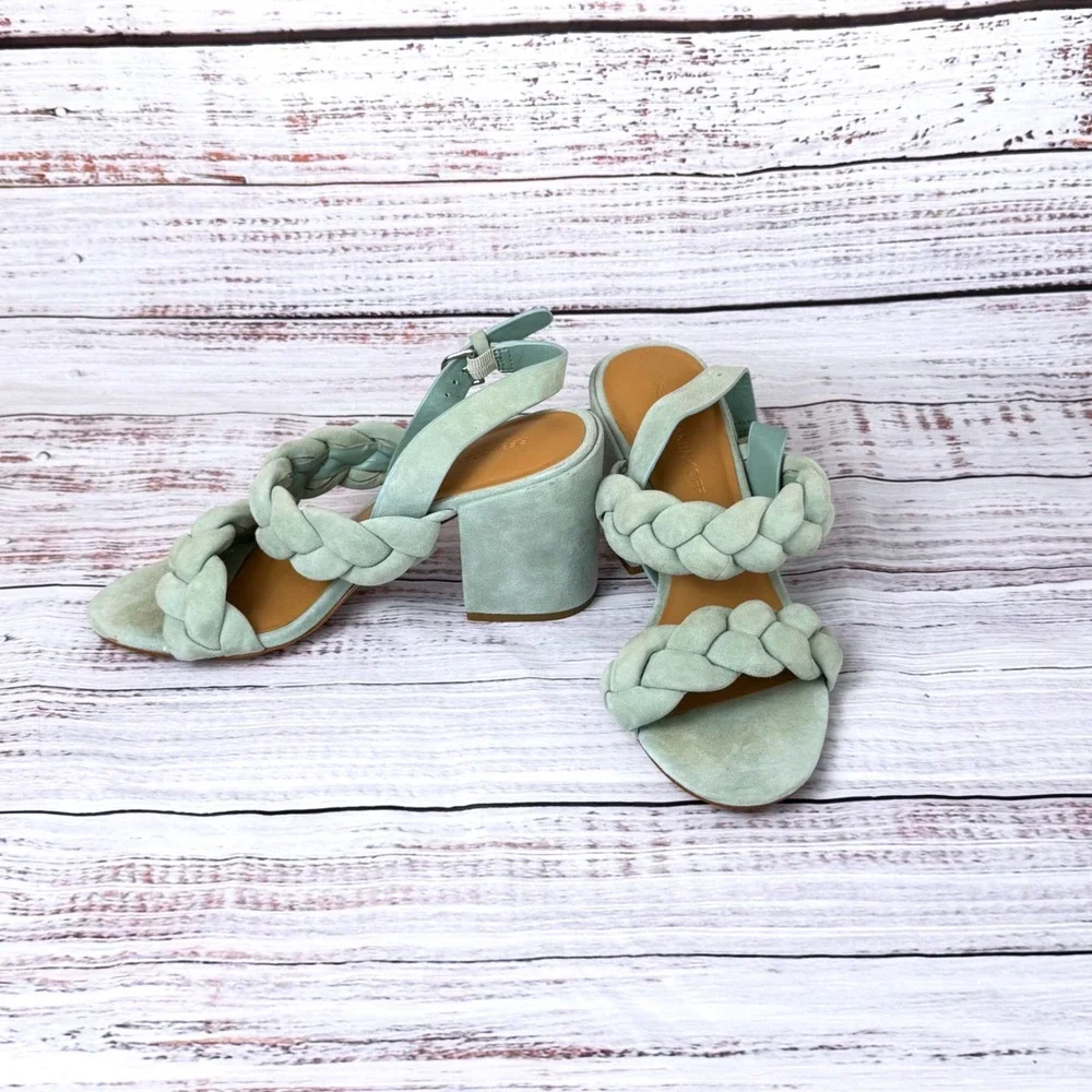 Rebecca Minkoff Mint Green Braided Suede Block Heel Sandals Women 7.5M Buckle